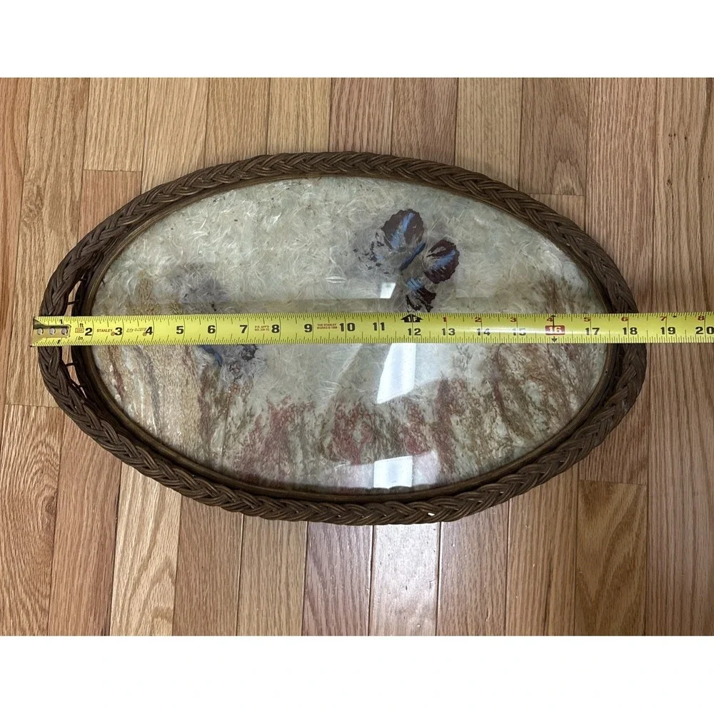 Wicker Oval Serving Tray Real Pressed Butterfly Dried Flower Vintage Glass 19